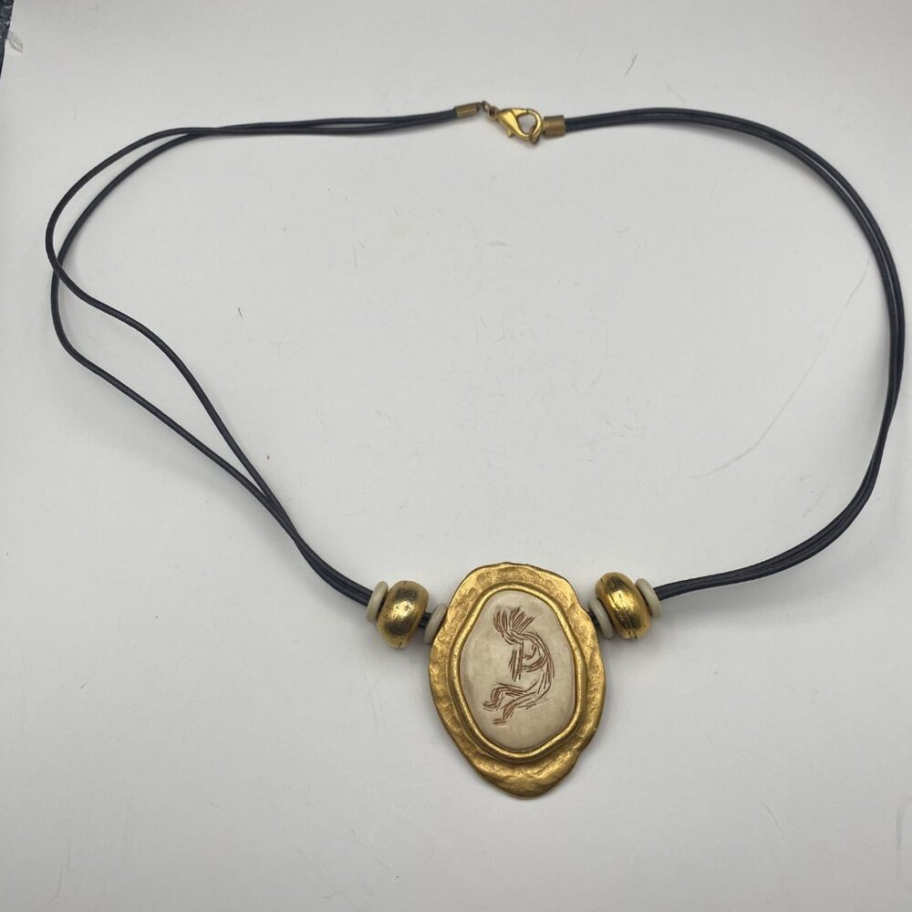 Signed Chico’s Kokopelli Artisan Pendant Necklace Gold Tone Southwestern 24"